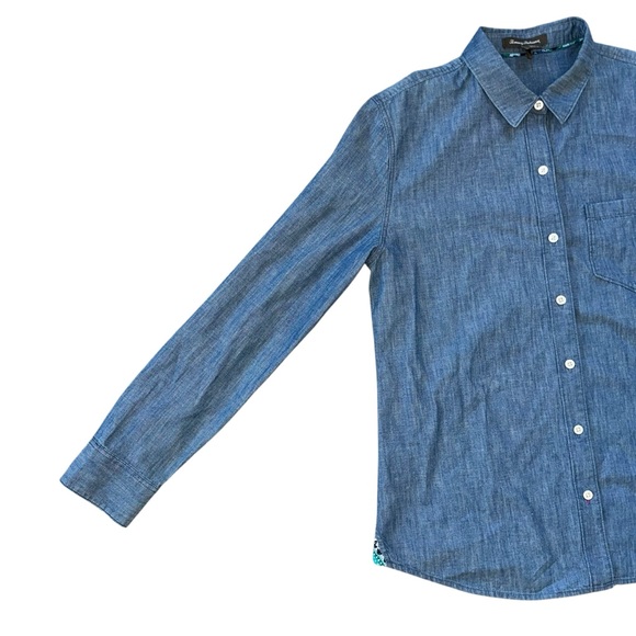 Tommy Bahama Ladies Linen Cotton Blend Chambray Embroidered Parrot Shirt Medium - Picture 7 of 10
